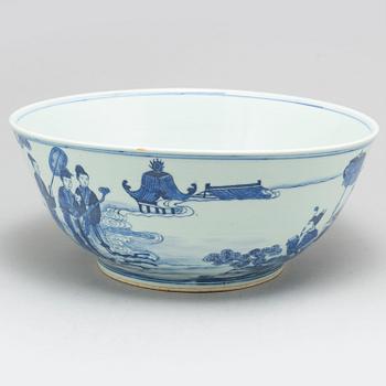 A large Chinese blue and white punch bowl, 20th century.