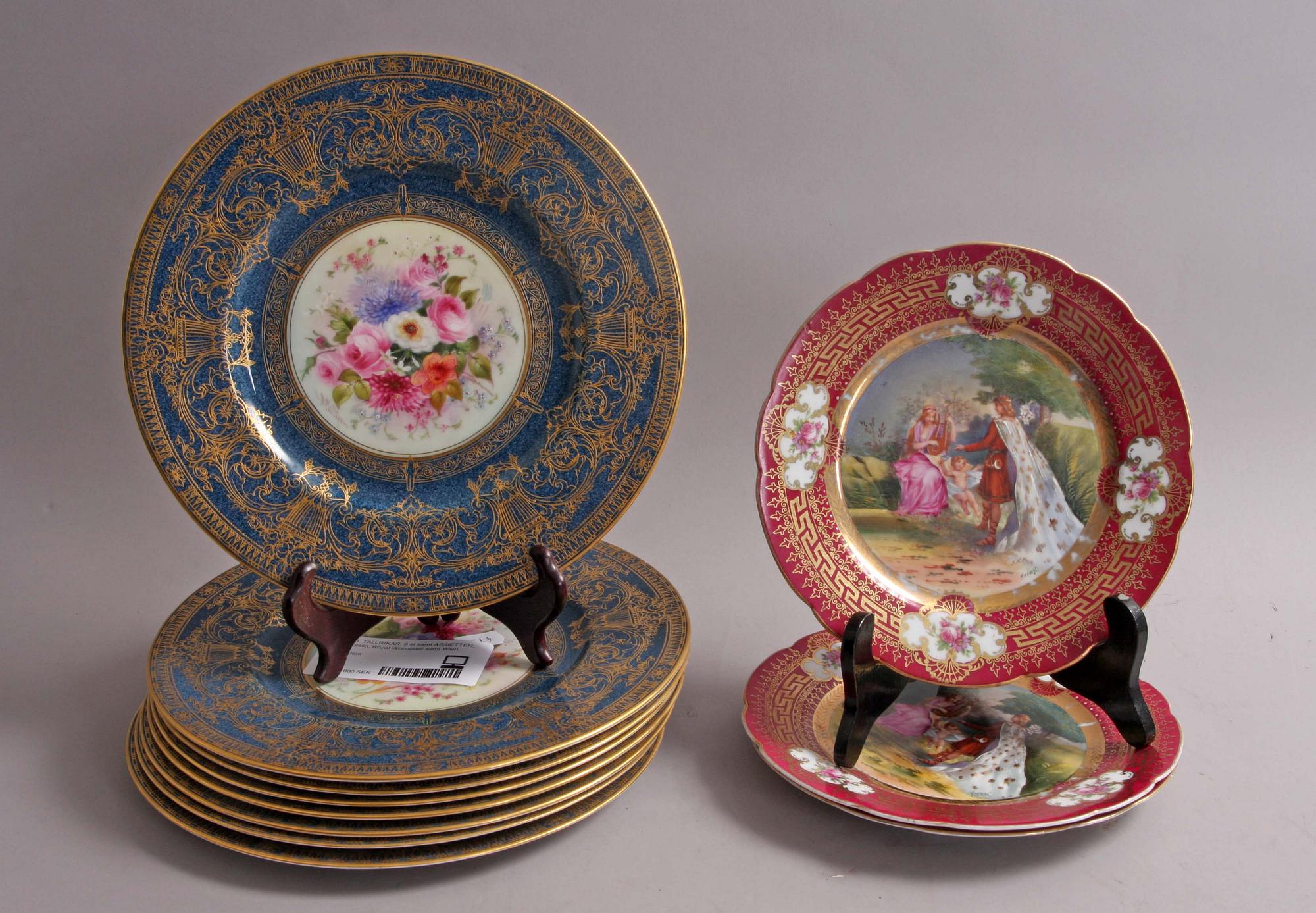 TALLRIKAR, 8 st samt ASSIETTER, 3 st, porslin, Royal Worcester samt Wien.