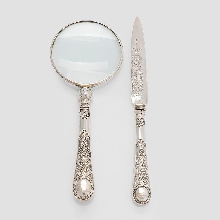 Förstoringsglas och brevkniv, silver, Martin, Hall & Co London 1875. I ask.