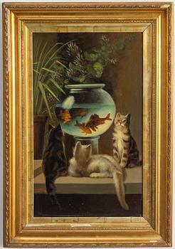 English artist, 19th century, Kittens by a goldfish bowl.
