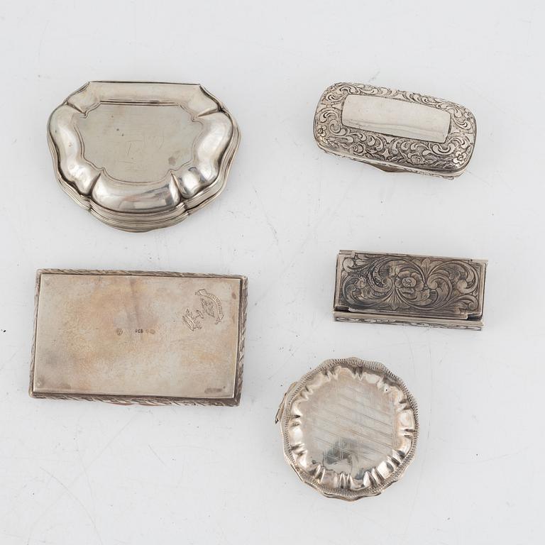 Five Silver Boxes, 19th-20th Century.