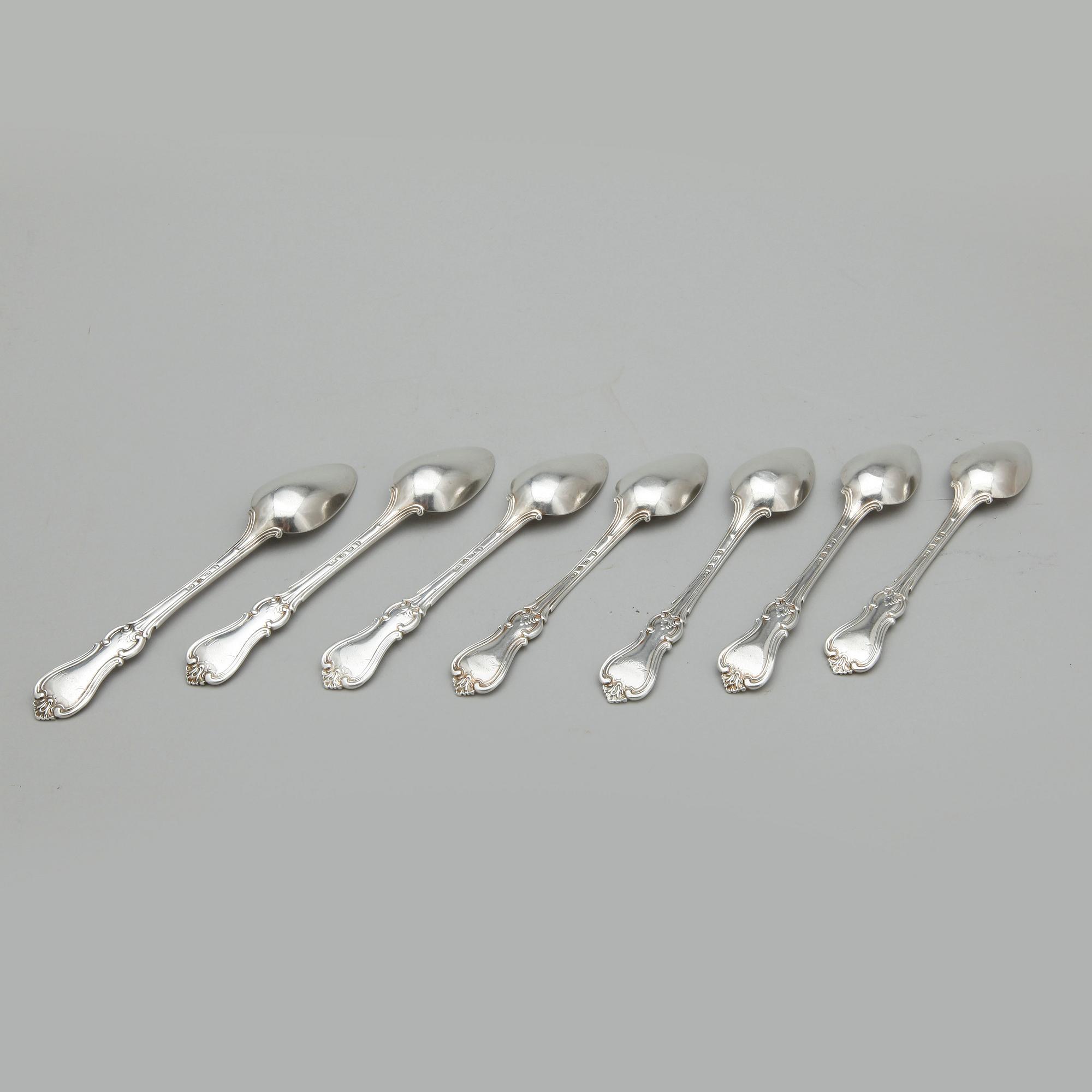 EFTERRÄTTSSKEDAR, 7 st silver, Christian Hammer, Stockholm 1857. Total vikt ca 266 gram.