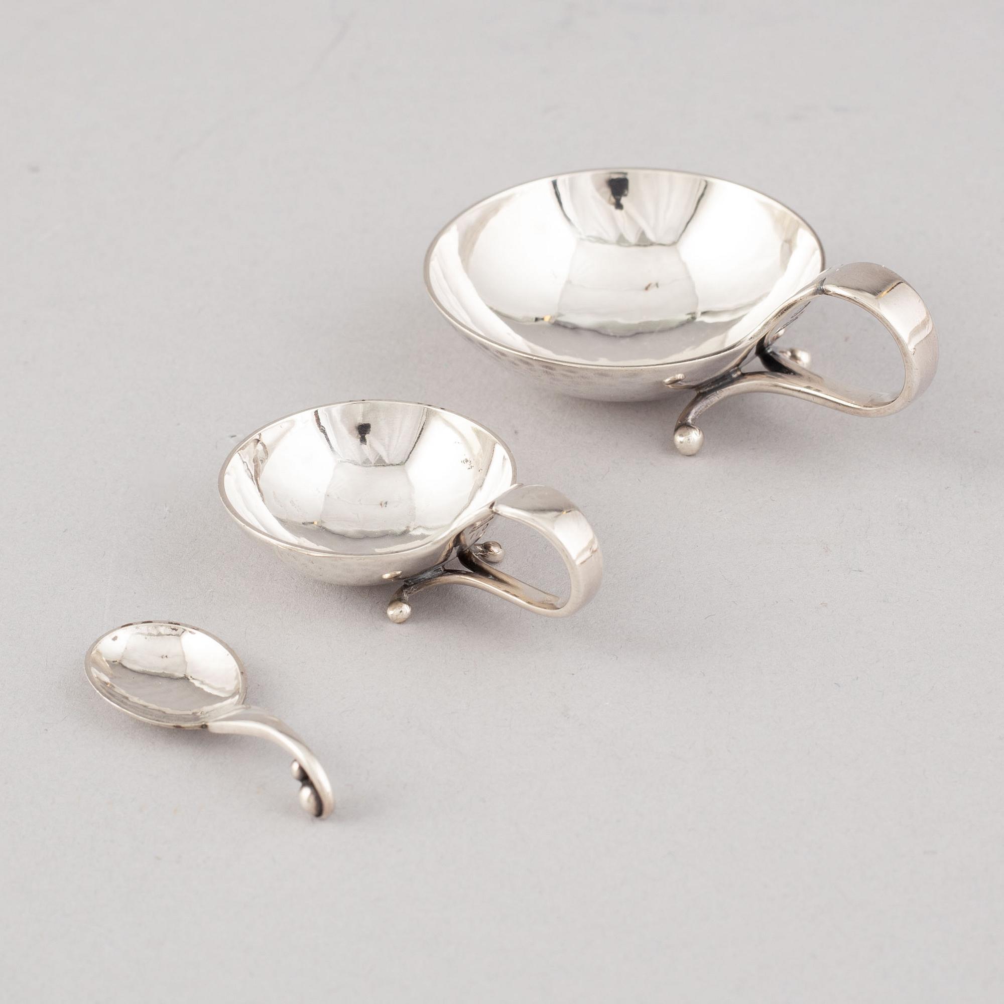 Georg Jensen, saltkar och småskedar, 6 st, sterling silver, Köpenhamn, 1900-talets mitt.