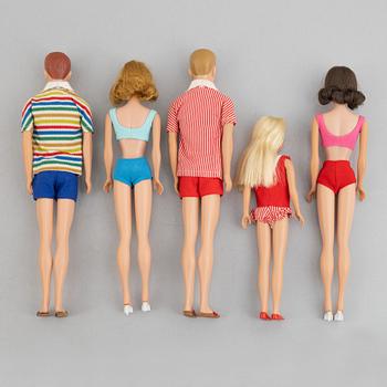 Barbiedockor, 5 st, bl a "Midge", "Skipper" & "Ken", Mattel, 1960-tal.