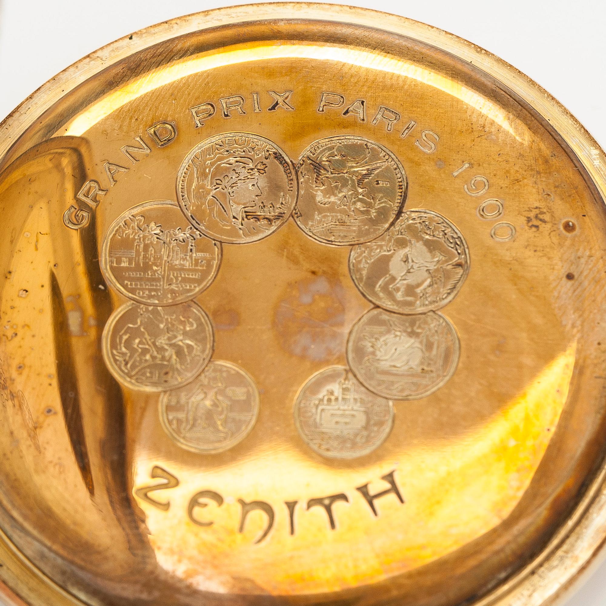 Zenith, taskukello, 55 mm, 14K kultaa, ankkurikäynti, kellonvitjat 14K kultaa.
