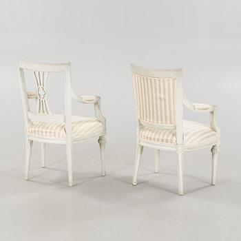 Two gustavian armchairs signed OBS, Olaus Bentsson, Lindome, around the year 1800.