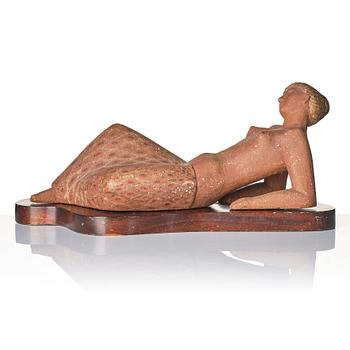 Stig Lindberg, a chamotte stoneware sculpture of a reclining woman, Gustavsberg studio, Sweden mid-20th century.