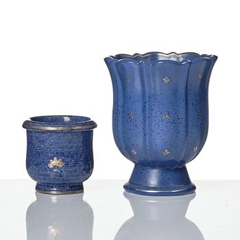Wilhelm Kåge, a set of two Argenta stoneware vases, two dishes and a bowl with lid, Gustavsberg 1930s-50s.