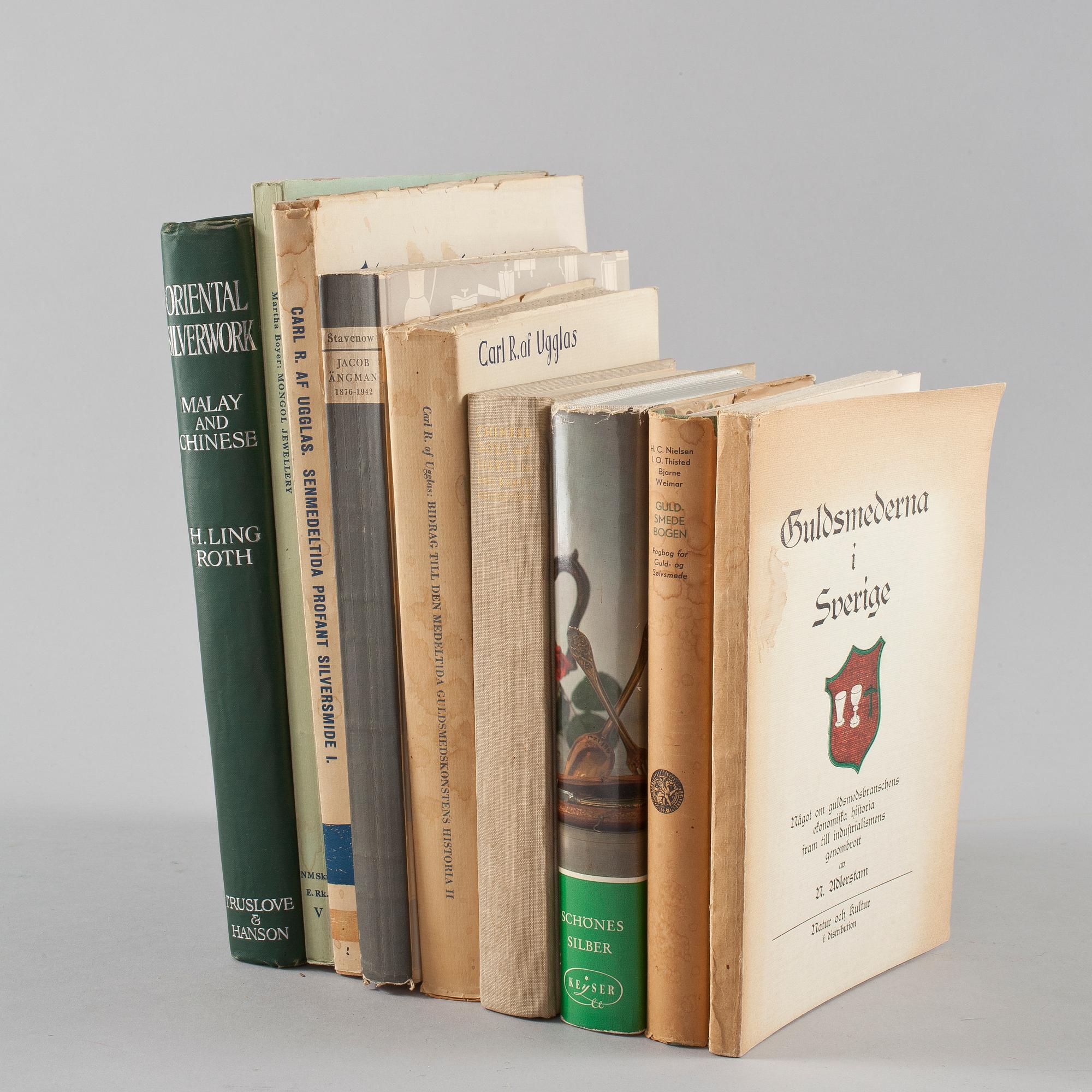 PARTI BÖCKER, 9 st, om silver, bla "Silversmeden Jacob Ängman" av Åke Stavenow.