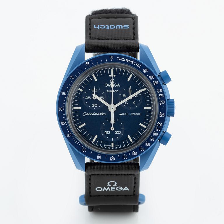 Swatch/Omega, MoonSwatch, Mission to Neptune, chronograph, wristwatch, 42 mm.