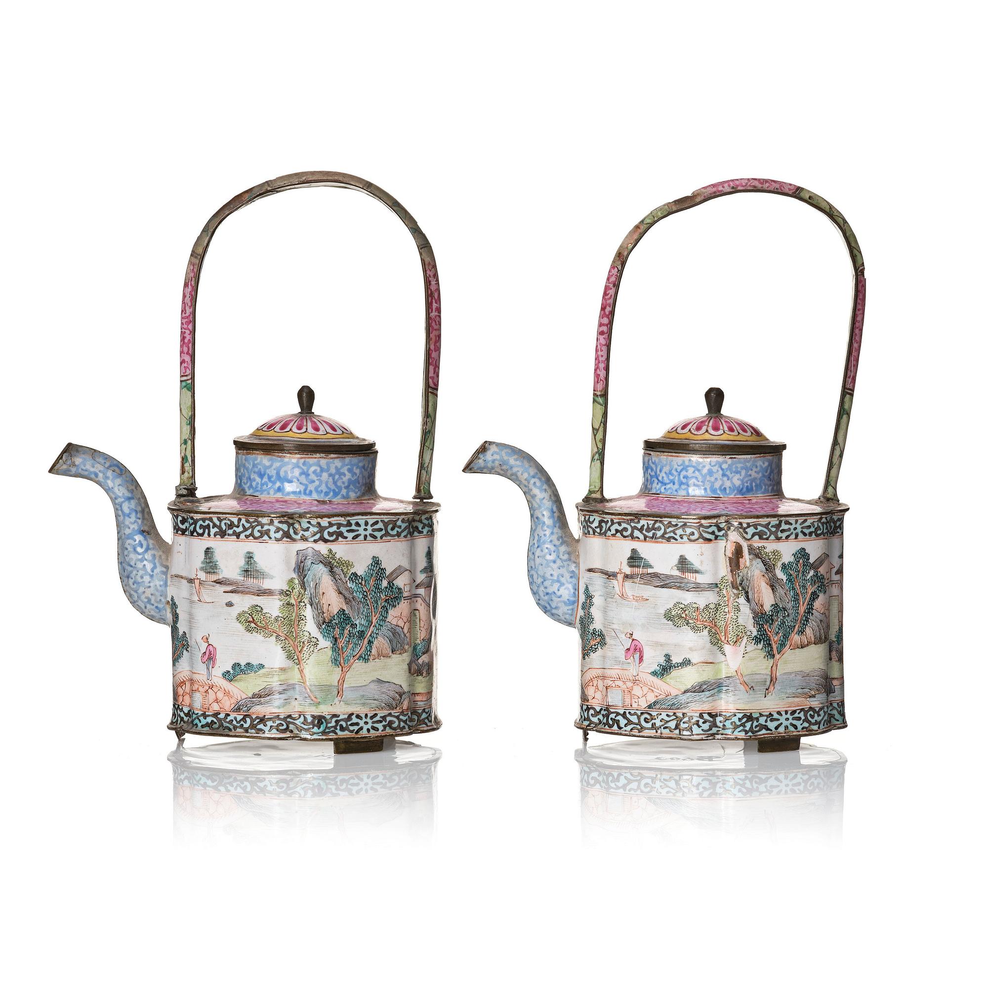 A Chinese pair of enamel on copper tea pots, Qing dynasty, Qianlong (1736-95).