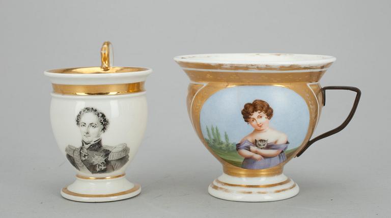 KOPPAR, 2 st., porslin, empire, 1800-tal.