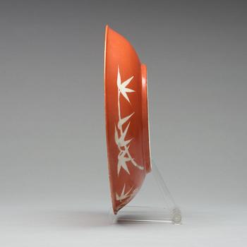 A coral red ground bamboo dish, presumably Republic, early 20th Century.