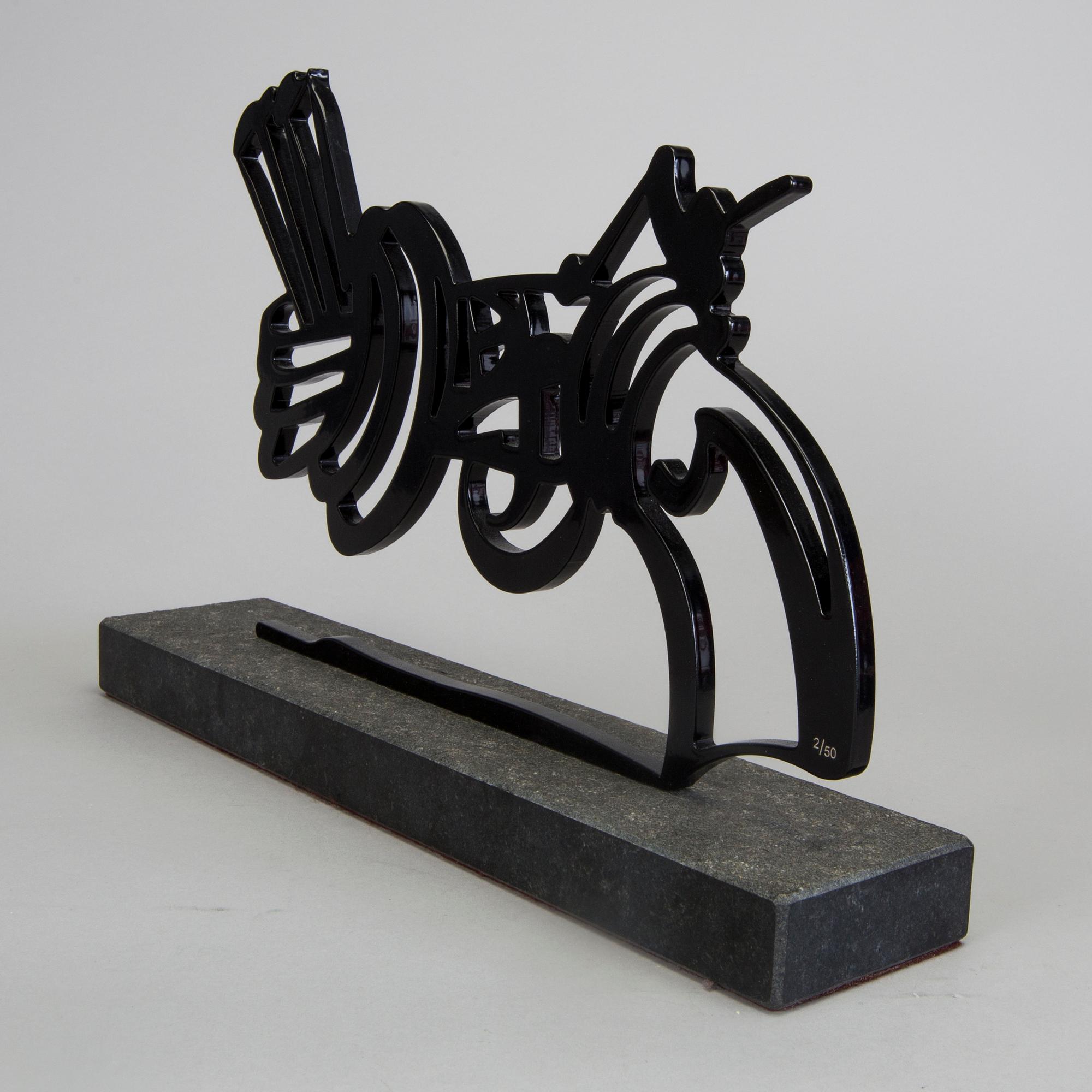 CARL FREDRIK REUTERSWÄRD, culpture, black painted steel on base of stone, signed CFR and numbered 2/50.
