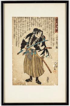 UTAGAWA KUNIYOSHI (1797/98-1861), efter, färgträsnitt, 2 st, Japan, 1800-tal.