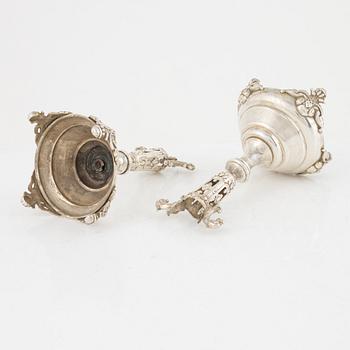 Württembergische Metallwarenfabrik, WMF, candlesticks, a pair of similar ones, nickel silver, circa 1900.