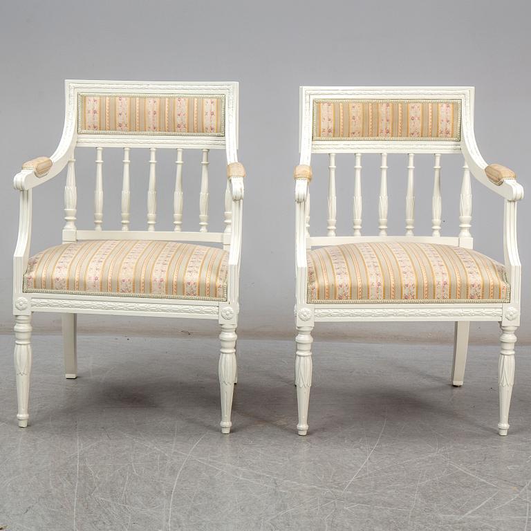 A pair of chairs, sofa and table, late gustavian style, 1900's.