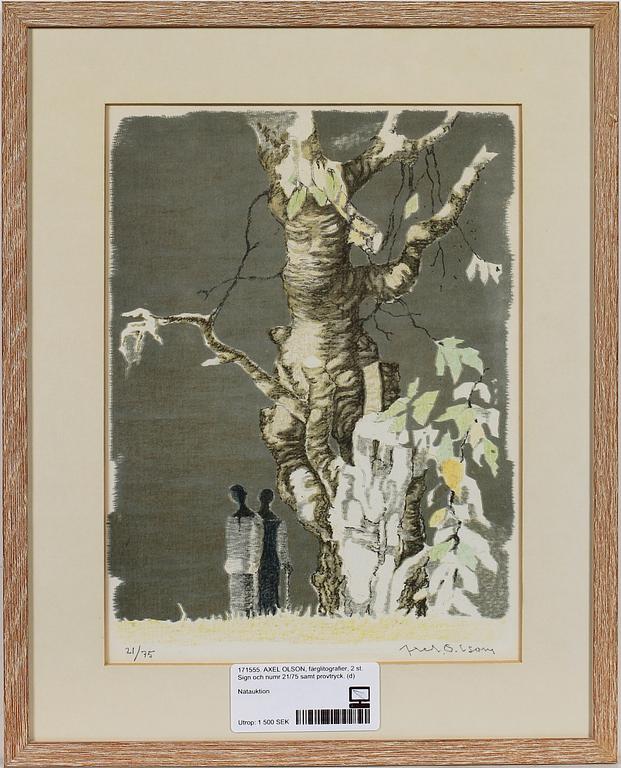 AXEL OLSON, färglitografier, 2 st. Sign och numr 21/75 samt provtryck.