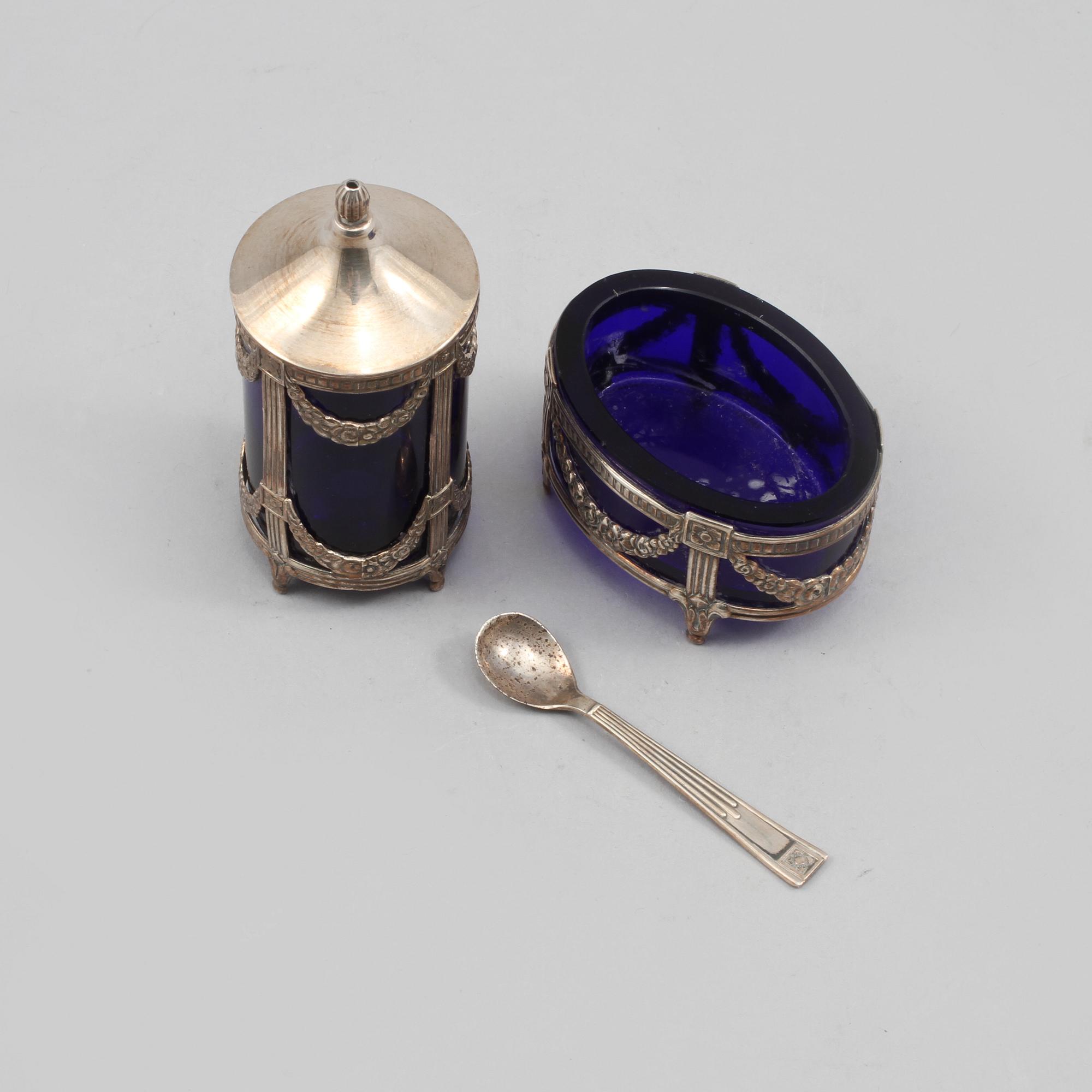 SALTKAR och SALTSTRÖARE, silver och glas, Mema, Lidköping, 1960-70-tal.