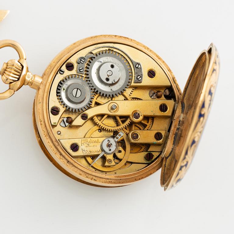 Pocket watch, 18K gold enamel, 29,5 mm.