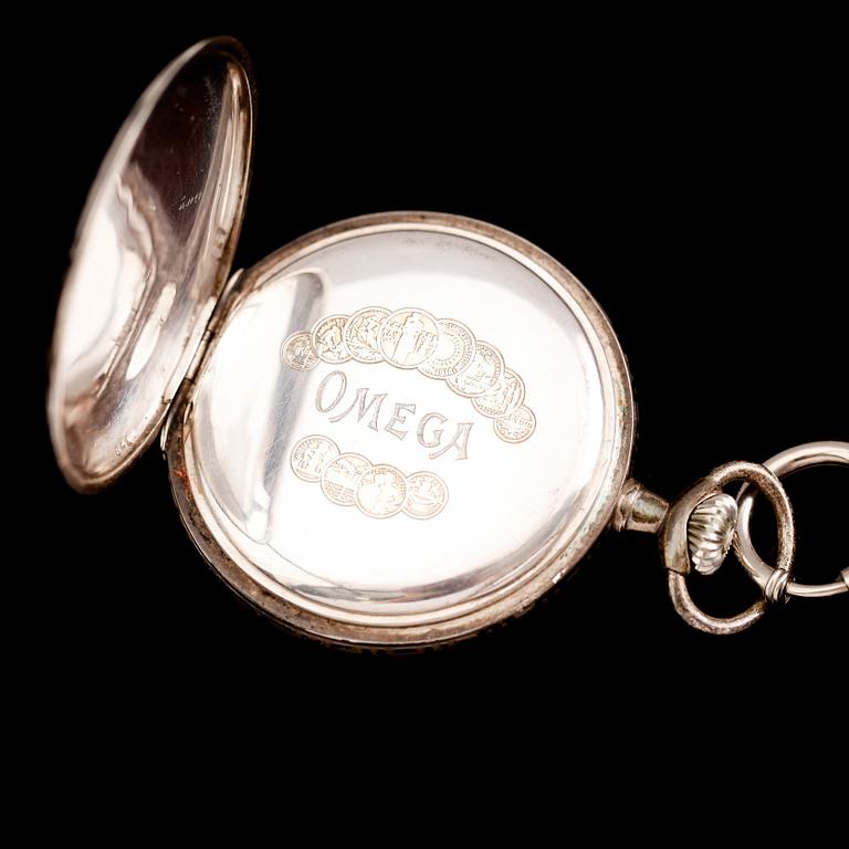 FICKUR, silver, Omega, omkring år 1900. Total vikt ca 98 g.