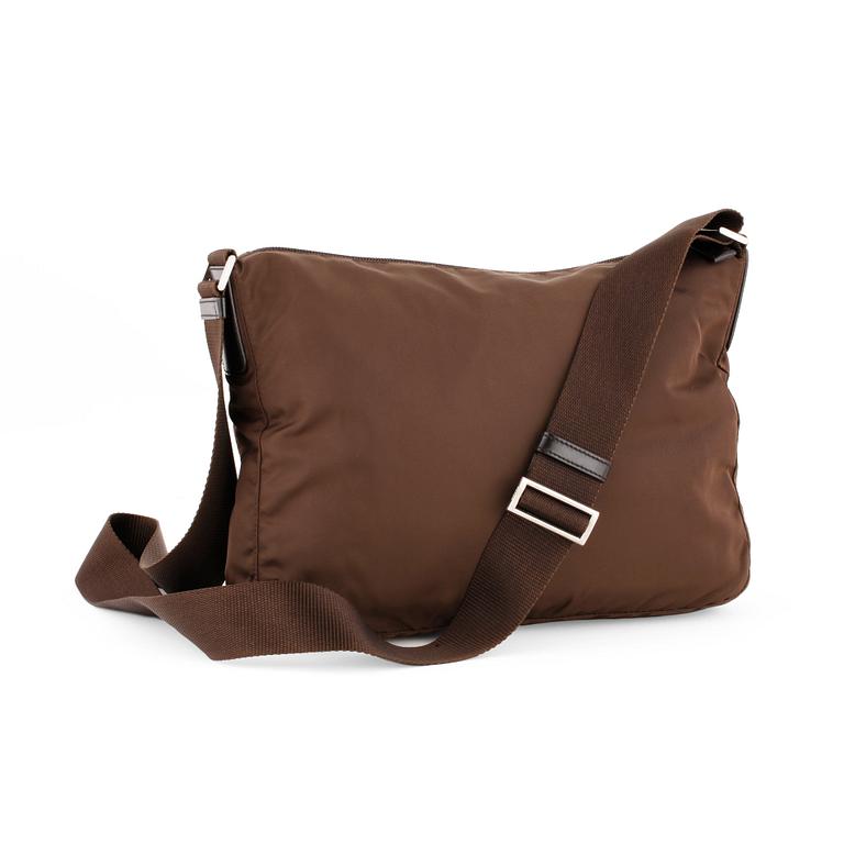 PRADA, a brown nylon crossbody bag.