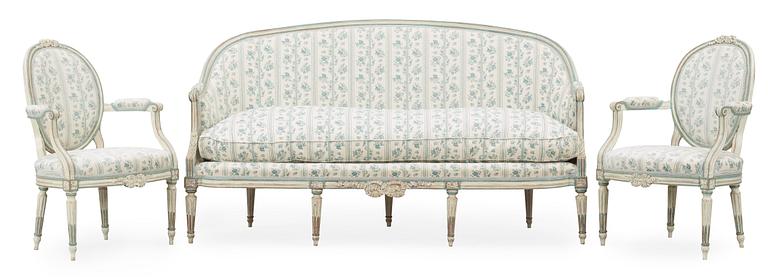 SOFFA, SAMT KARMSTOLAR, ett par. Louis XVI-stil, 1800-tal.