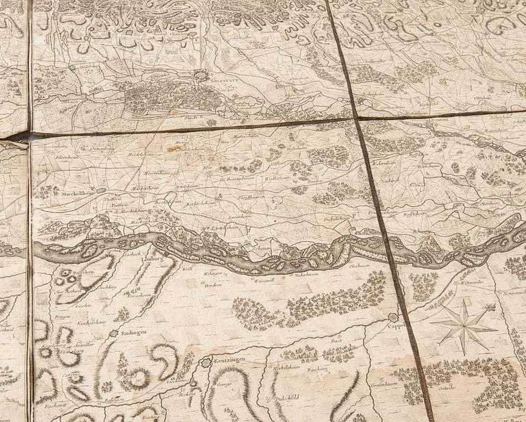 KARTA, Rhendalen, "Le Cours du Rhin de bale", le Rouge, Paris 1745, kopparstick.