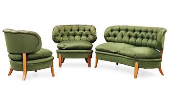 A set of Otto Schulz sofa and a pair of armchairs, model 'Schulz', Jio Möbler, Jönköping, Sweden.