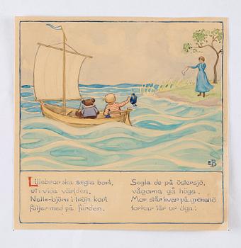 Elsa Beskow, "Lillebrors segelfärd. Bilderbok av Elsa Beskow. Med musik av Alice Tegnér".