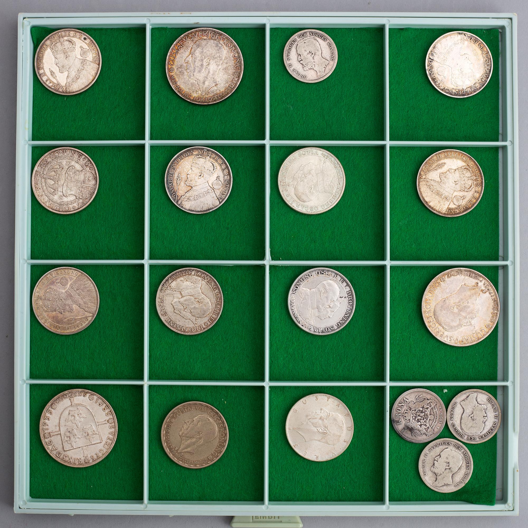 Antika mynt, 19 st romerska brons- och billonmynt från kejsardömet + diverse silver-och bronsmynt främst svenska c 65 st.