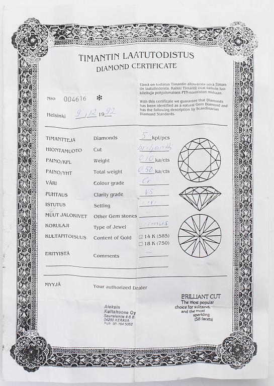 Ring, halvallians, 14K guld, briljantslipade diamanter ca 0.50 ct tot. Finland 1992. Med sertifikat.