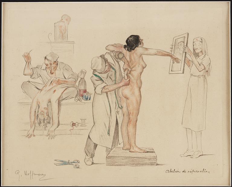 An etching by an unknown artist "Atelier de reparation", signed G Hoffman.
