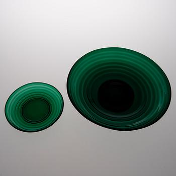 AINO AALTO, SKÅL OCH FAT, 9 st, glas, 'Bölgeblick', Karhula Glasbruk 1930-tal.