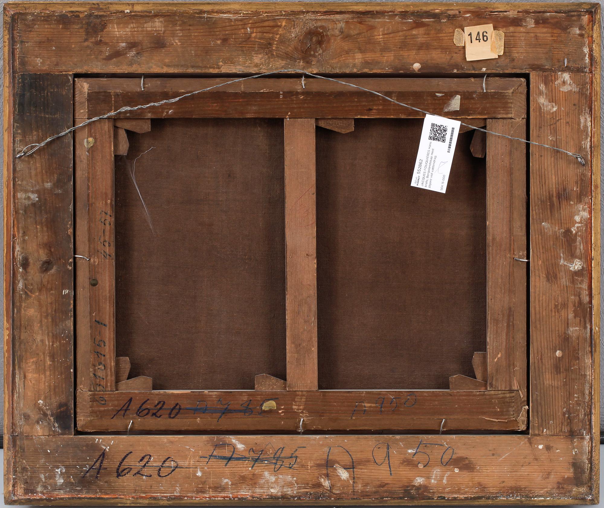 JACQUES FOUQUIÈRES Hans krets, Bergslandskap med jägare vid vattendrag.