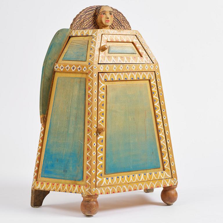 Gérard Rigot, a painted and carved oak cabinet, exectued in his studio, France, second half of the 20th century.
