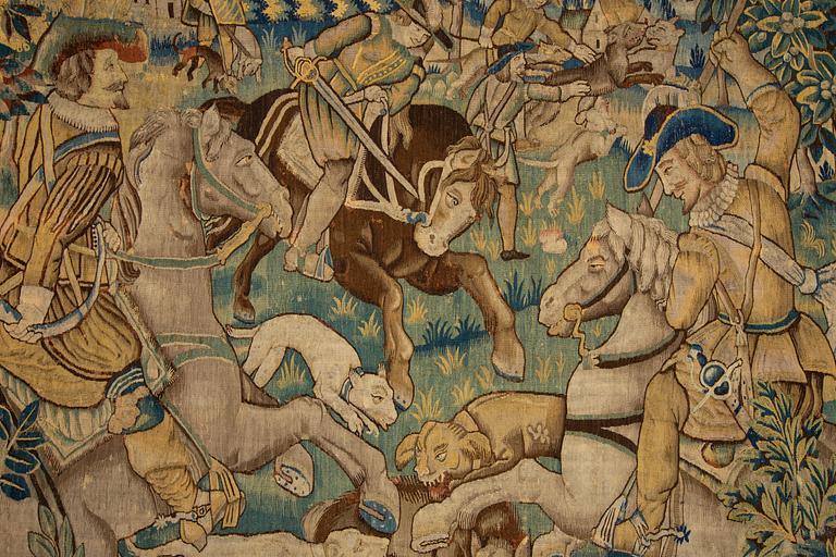 A tapestry, "Wolf hunting", tapestry weave, ca 250,5 x 240,5 cm, Flanders first half of the 17th century or older.