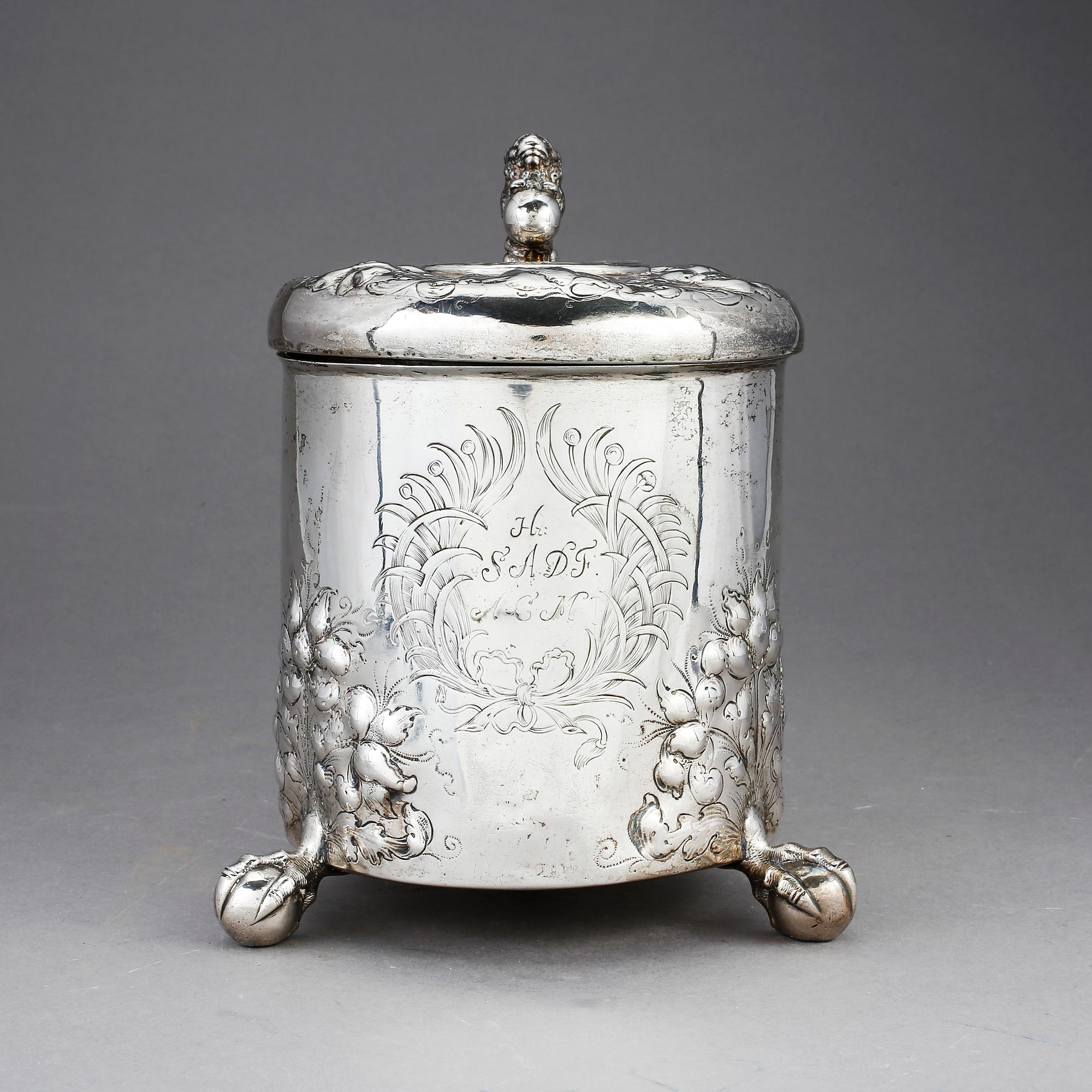 DRYCKESKANNA, silver, barock, Johannes Johannesen Reimers, Bergen, verksam 1667-1722. Vikt ca 1094g.