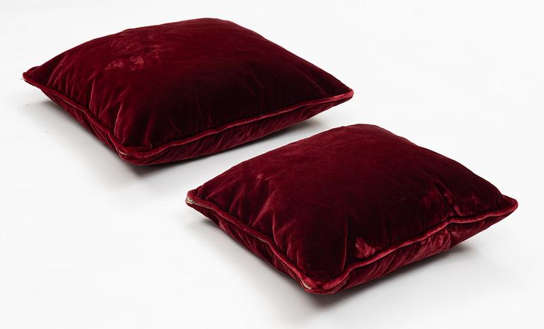 Cushions, two pieces, burgundy silk velvet.