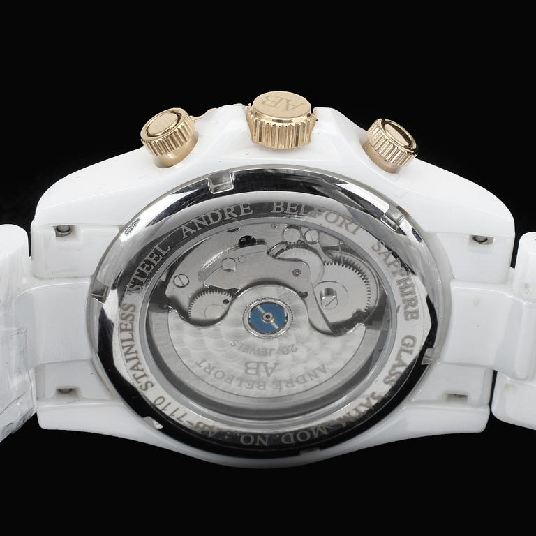 ARMBANDSUR, herr, André Belfort AB, Sirène, automatisk, kronograf, kalender, ref. AB-7110, vit keramik och förgyllning.