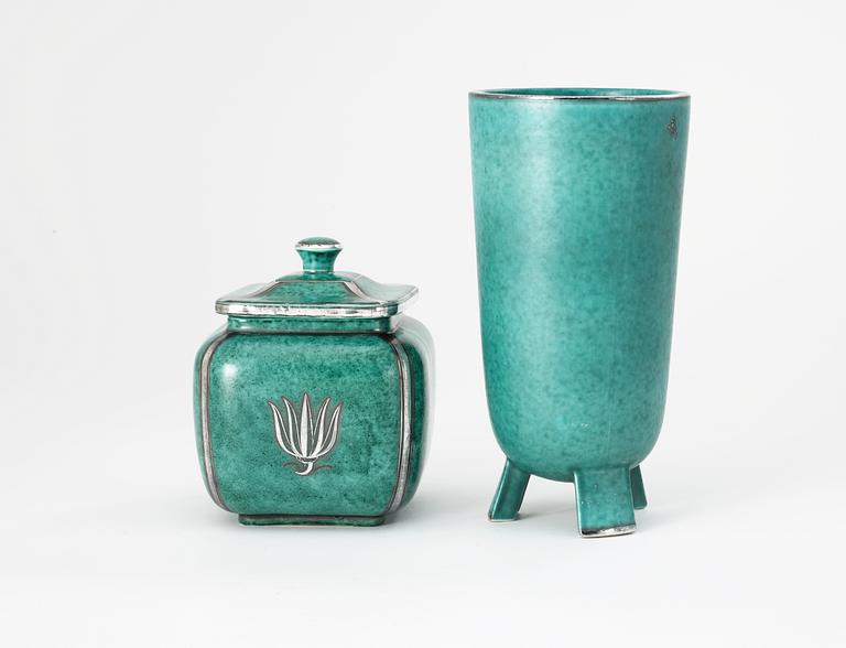 A Wilhelm Kåge 'Argenta' stoneware vase and a tobacco box, Gustavsberg.