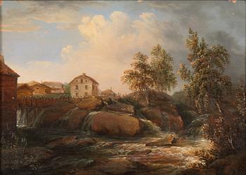 Swedish artist, around 1830, Industrial environment by the rapids.