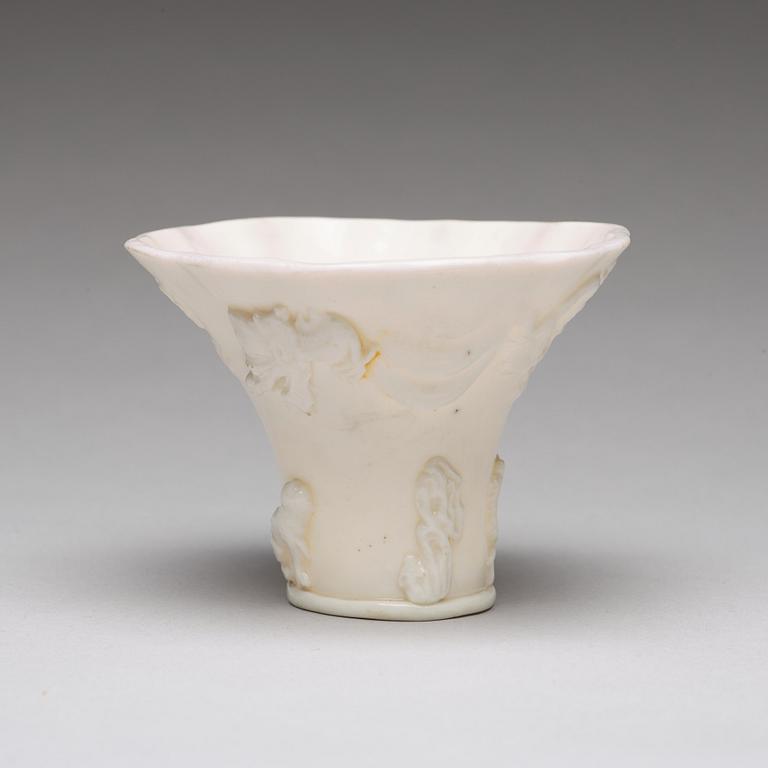 A blanc de chine rhinoserous libation cup Qing dynasty, Kangxi (1662-1722).