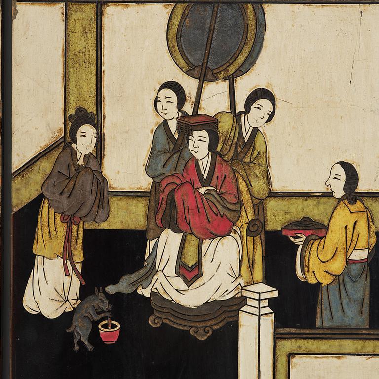 A Chinese four panel lacquer folding screen, first part of the 20th century.