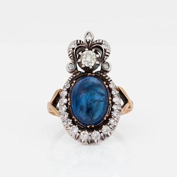 626. A circa 5.16 ct sapphire and old-cut diamond ring. Total carat weight of diamonds circa 0.60 ct.