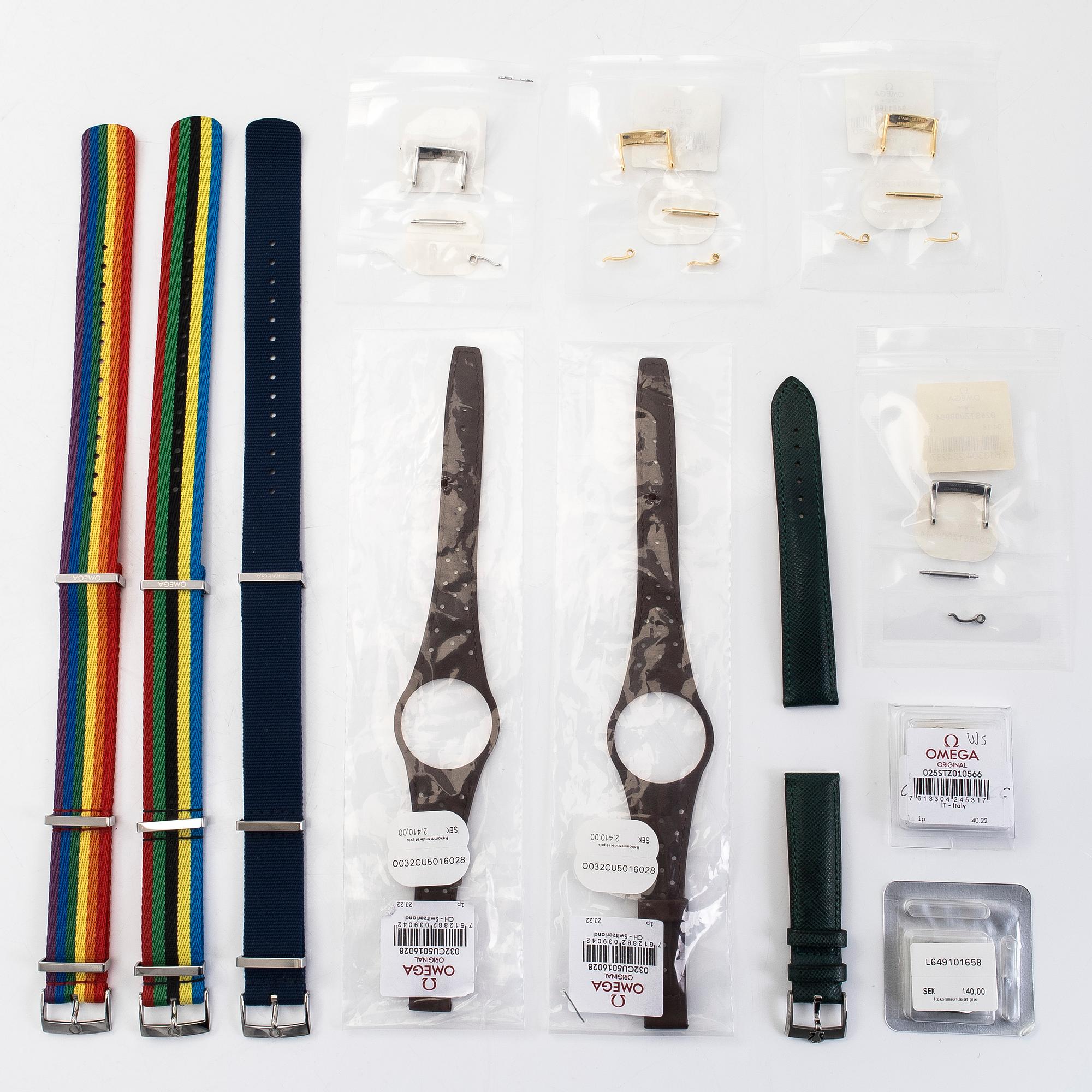 A collection of six watch straps and six buckles, Omega and Longines.
