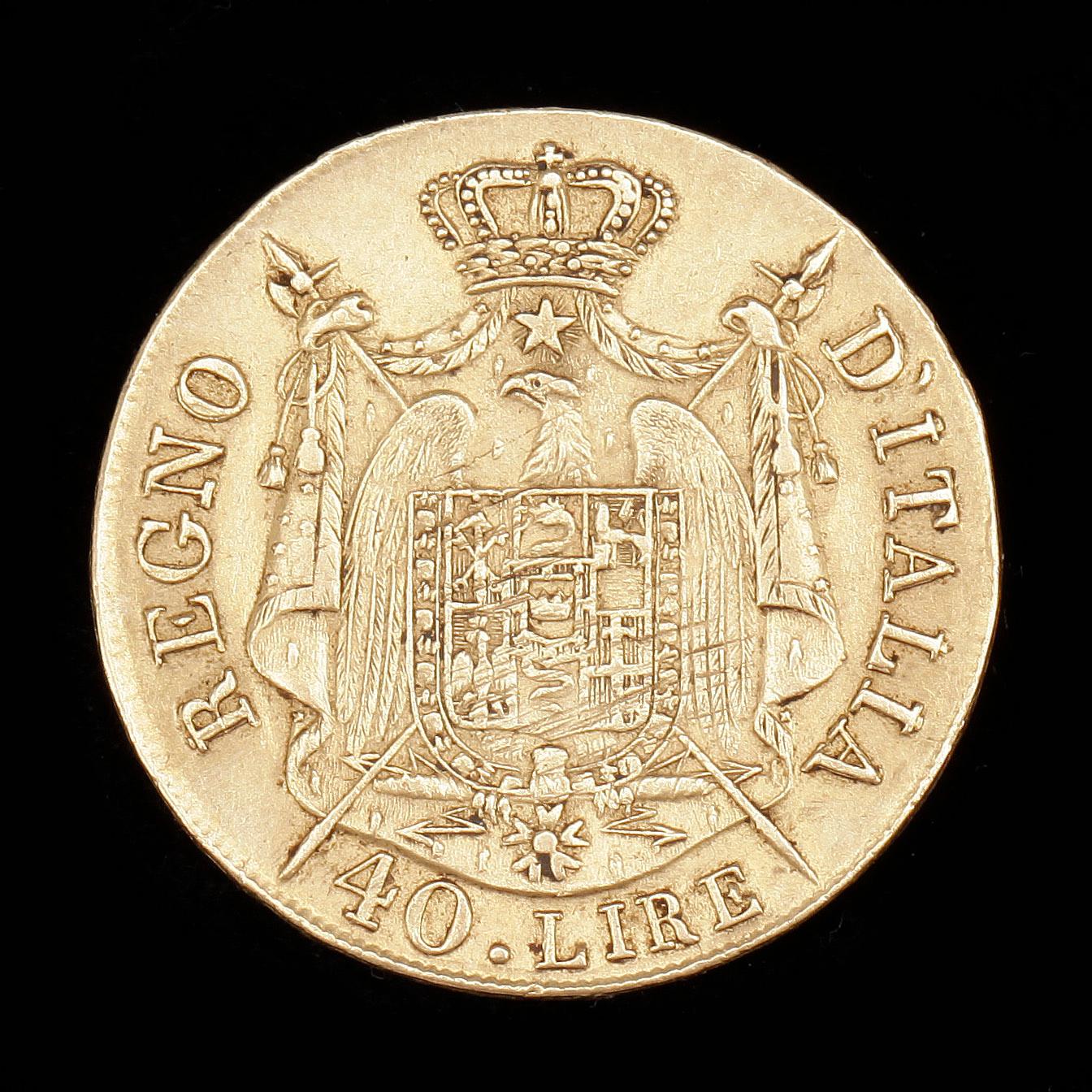 GULDMYNT, lägst 20k guld, 40 lire, Napoleanska Kejsardömet, Italien, 1808. Totalvikt 12,9g.