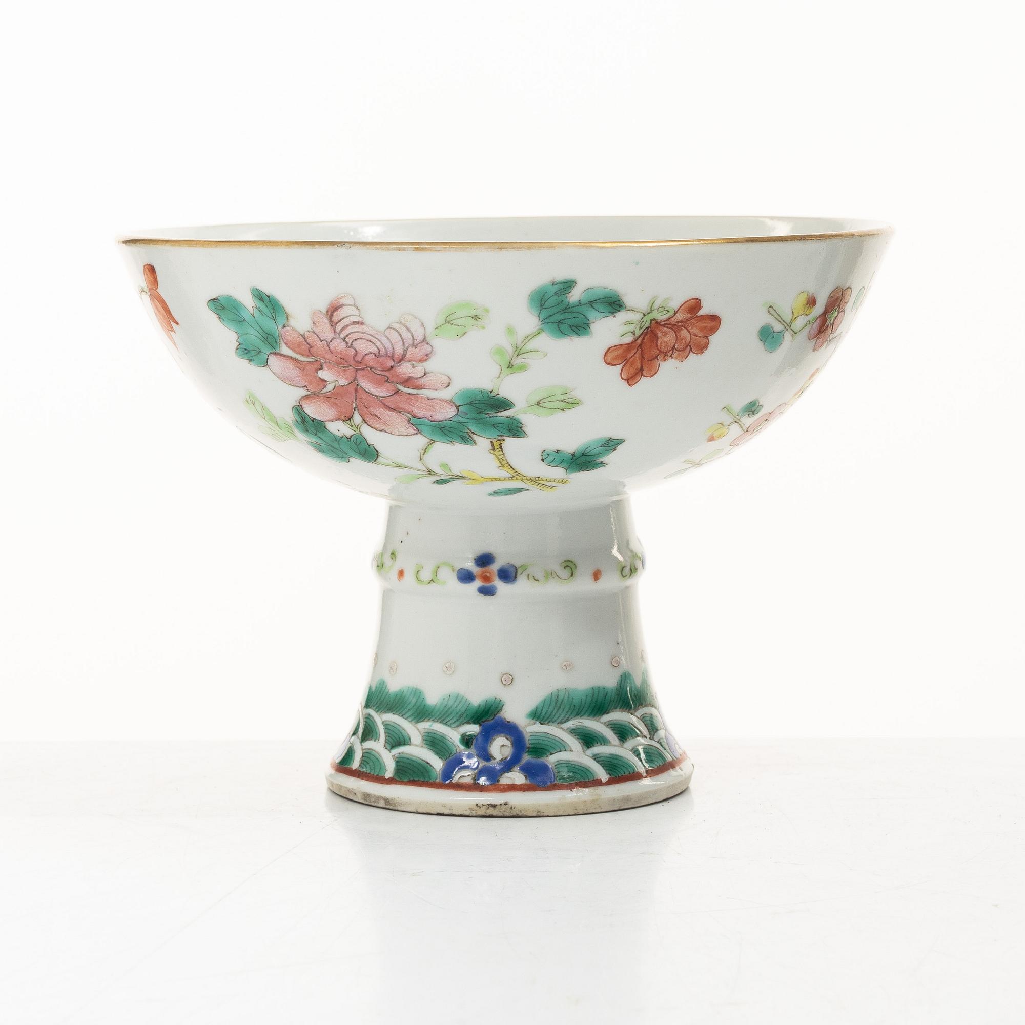 A pair of paintings on stone made in to wall scones and a stemcup, Qing dynasty, 19th century.