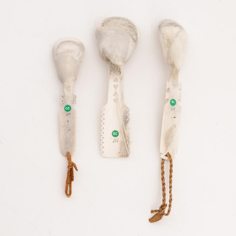 Three reindeer horn spoons by Nikolaus Fankki, before 1964, signed.