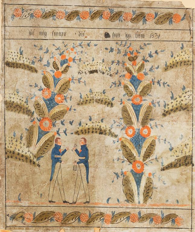 Bonadsmålning, troligen Dalarna, allmoge, daterad 1831.